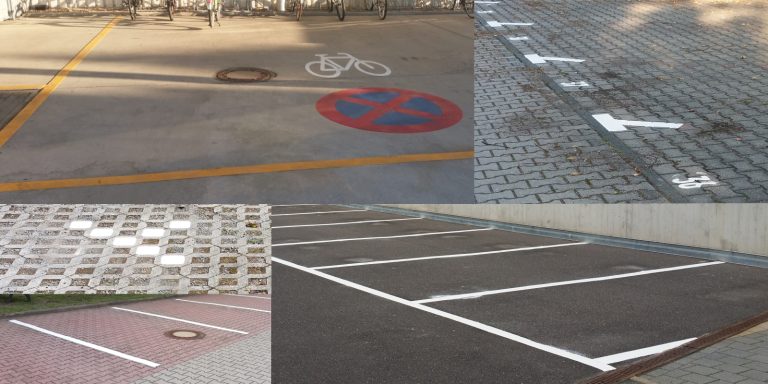Parkplatzmarkierungen in verschiedenen Stilen und Materialien, inklusive Sperr- und Fahrradflächen.
