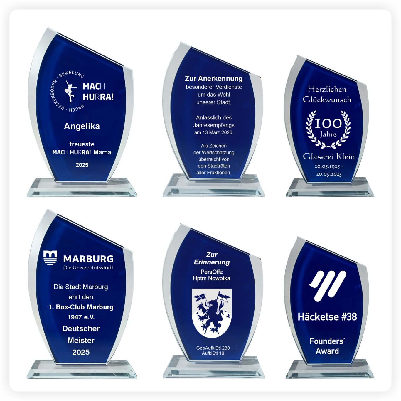 Glaspokale blau Beispiele Blaue Glaspokale mit verschiedenen Designs und Gravuren für unterschiedliche Anlässe