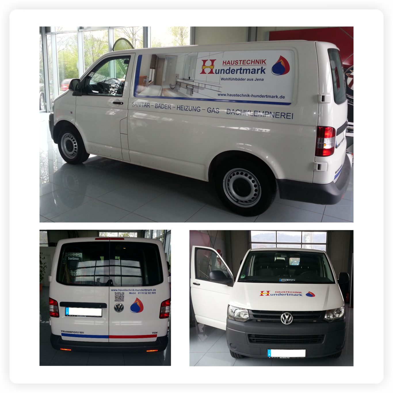 Transporter mit Fahrzeugbeschriftung Weißer Transporter mit Firmenlogo, Kontaktdaten und großflächiger Fahrzeugbeschriftung für einen Haustechnikbetrieb.