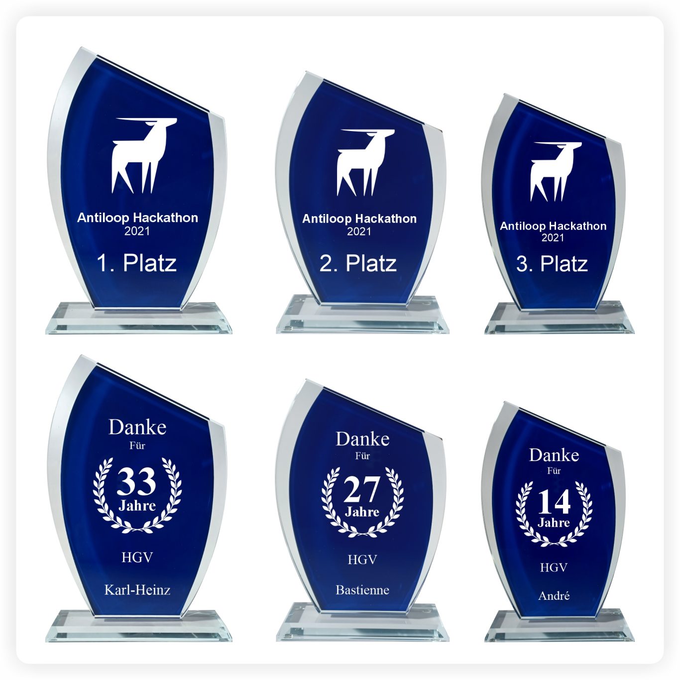 Glaspokale blau Platzierungen Blaue Glaspokale für 1., 2. und 3. Platz mit gelaserter Beschriftung