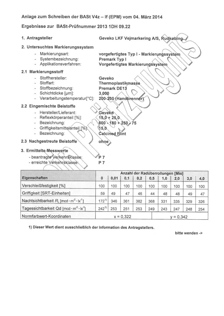 Ein Prüfzeugnis mit einer Gliederung und Tabellen zu 
Premark Material