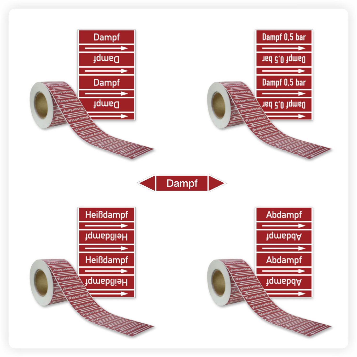 Rohrleitungskennzeichnung Dampf Gruppe 2 ote Rohrleitungskennzeichnung für Dampfleitungen mit Beschriftung Dampf und Heißdampf