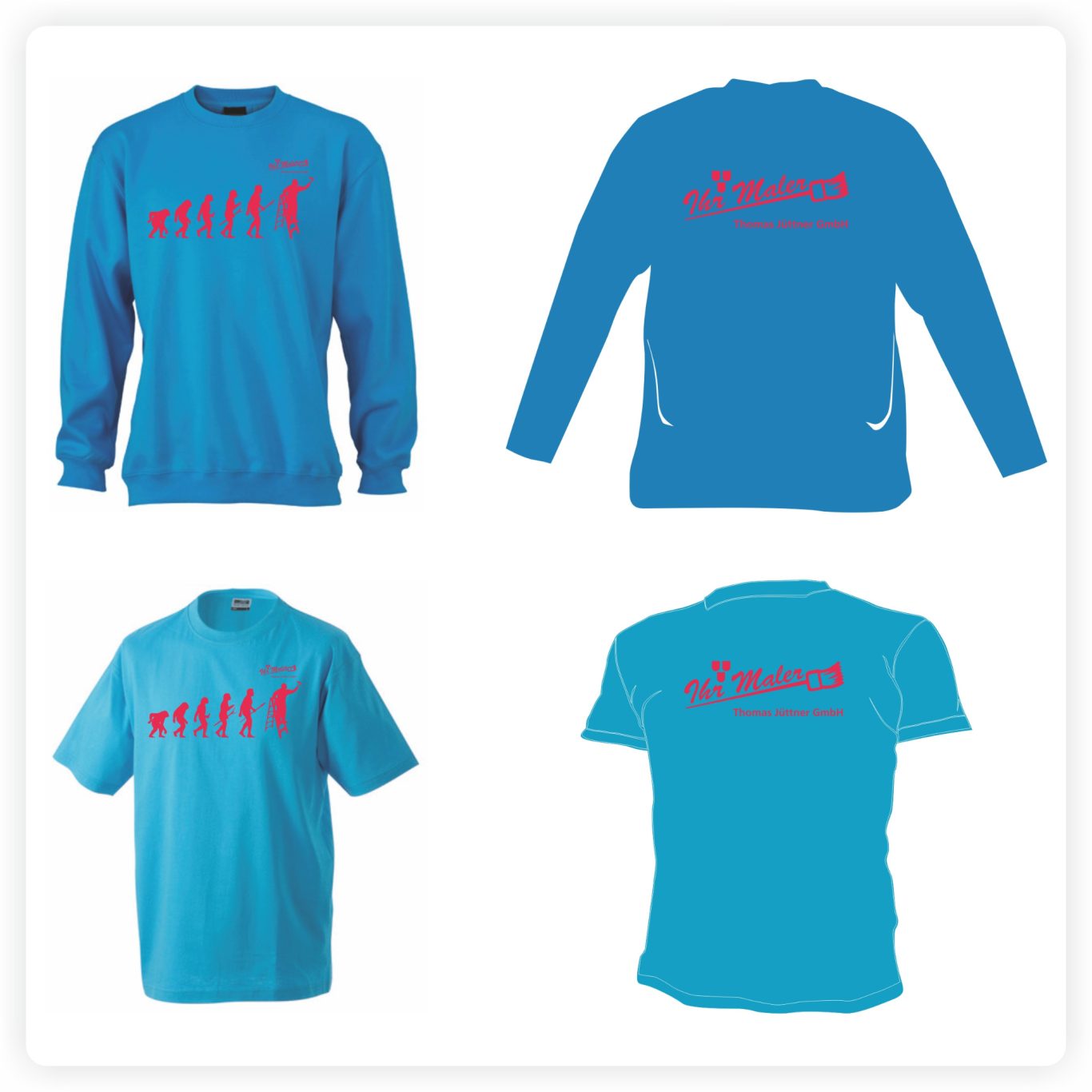 Bedruckte Arbeitskleidung Sweatshirt, T-Shirt und Poloshirt mit identischem Firmenmotiv auf Vorder- und Rückseite.
