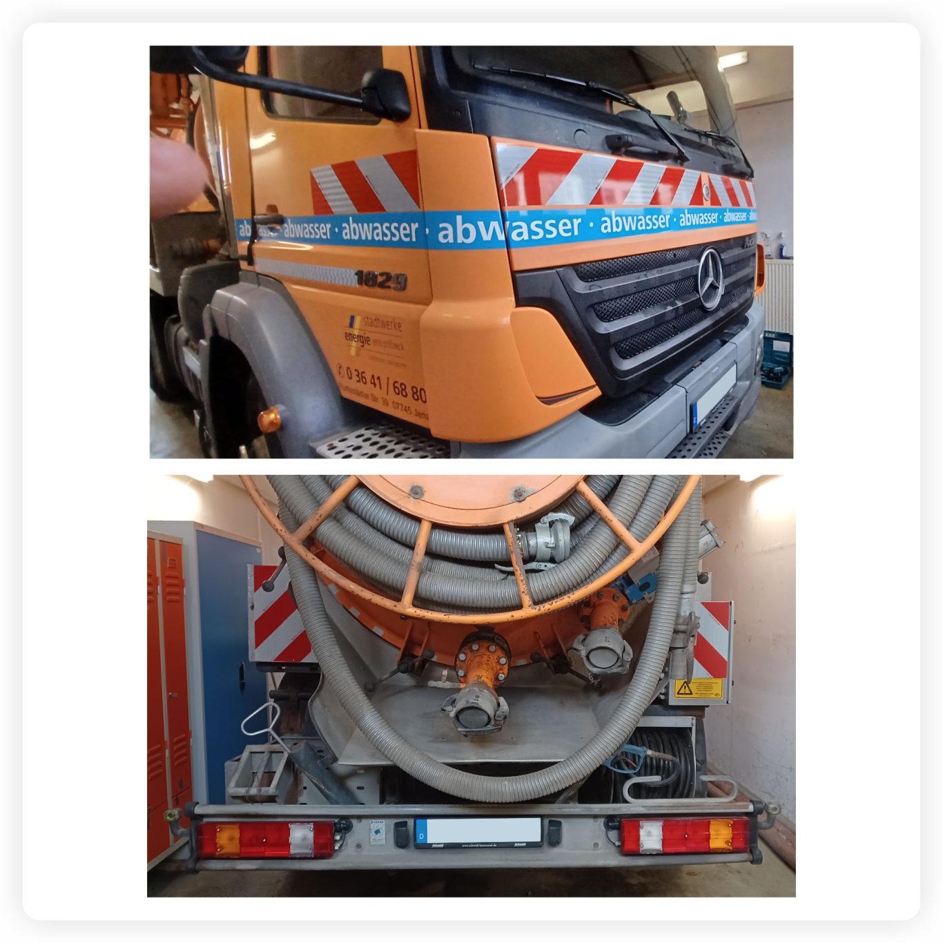 LKW-Beschriftung Stadtwerke Orangefarbener LKW der Stadtwerke mit Firmenbeschriftung, blauem Schriftband und rot-weißen Warnmarkierungen.