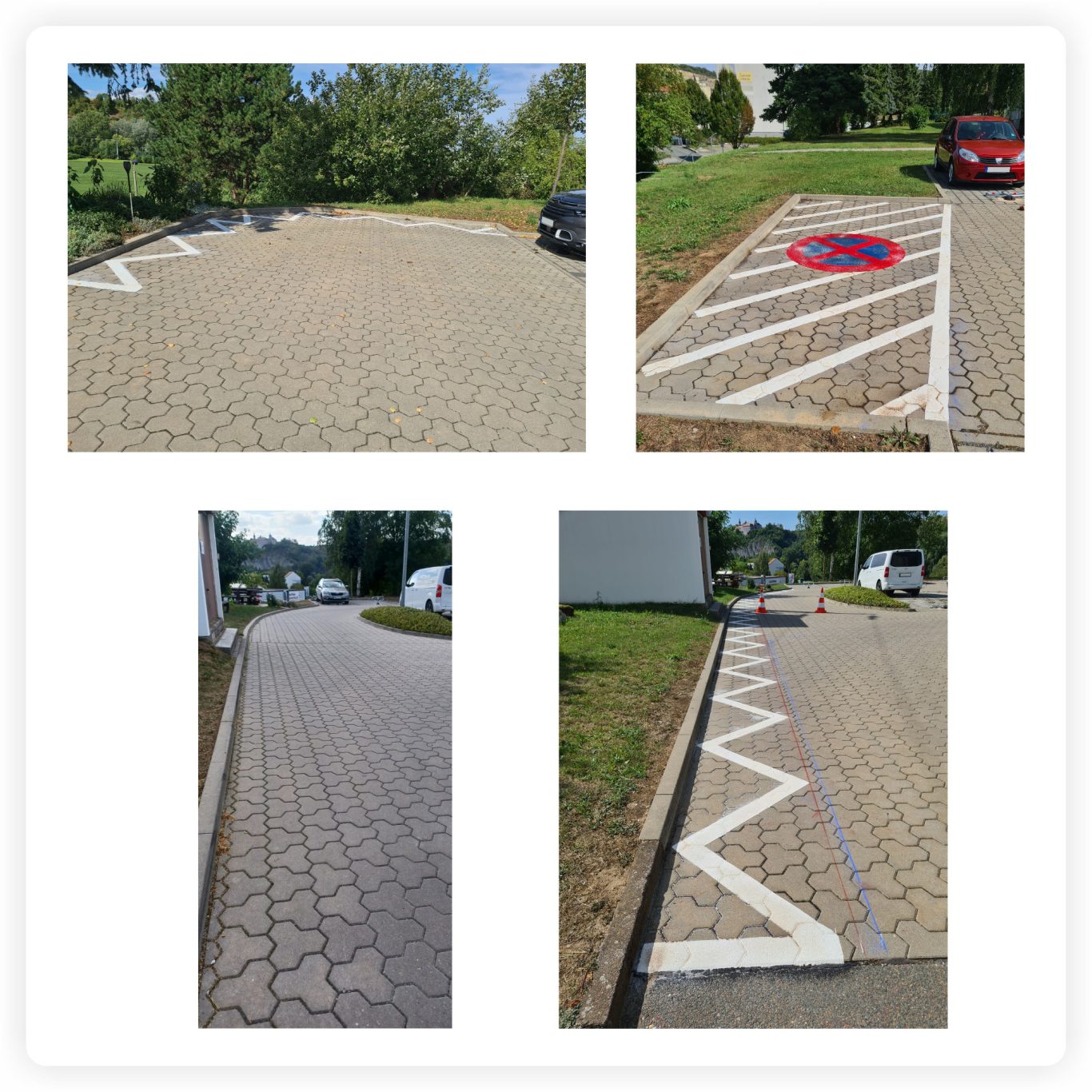 Sperrfläche und Zickzackmarkierung in Dornburg Weiße Sperrfläche mit Zickzackmarkierung und Halteverbotssymbol auf Pflaster in Dornburg