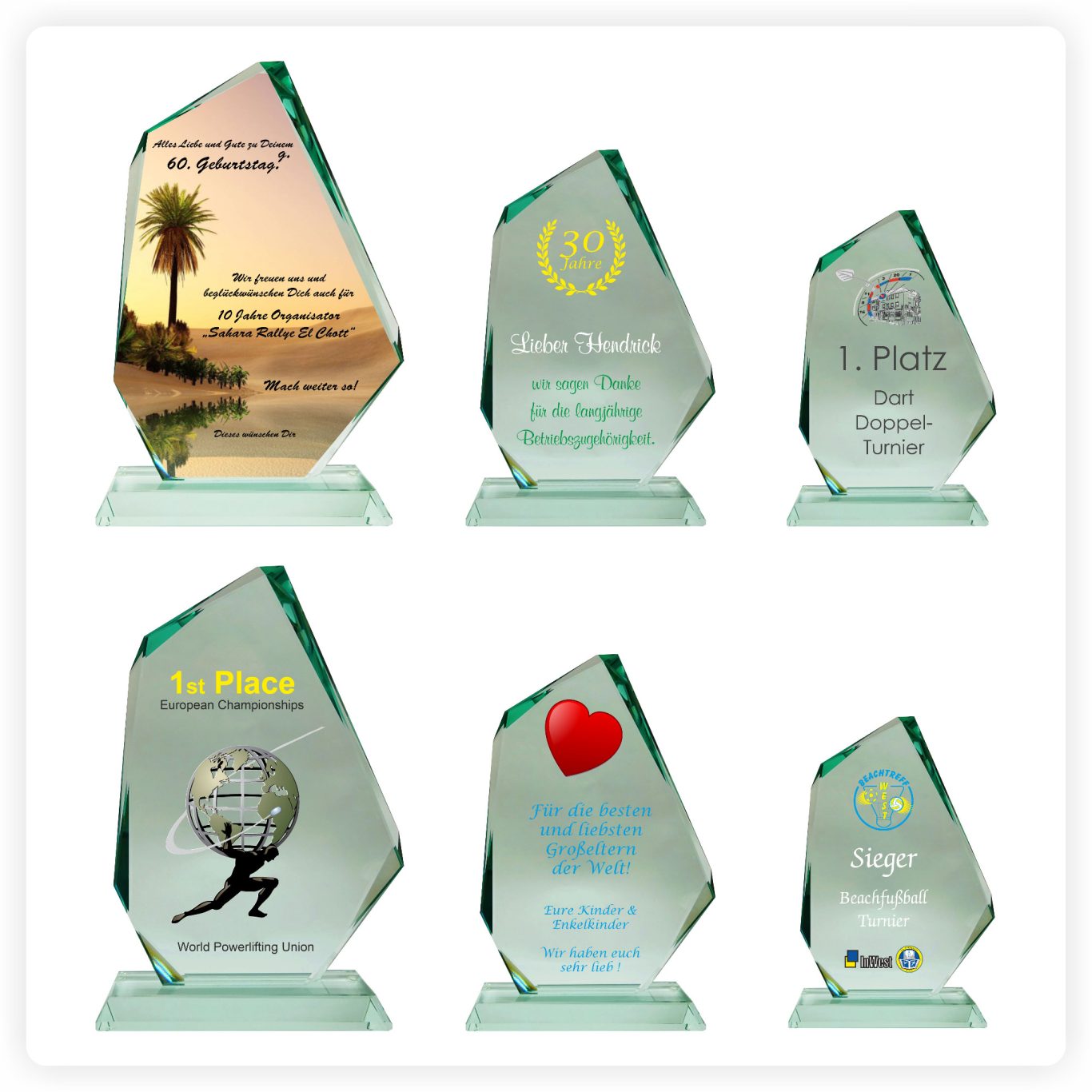 Glaspokal Felsen Serie mit farbiger Gravur Glaspokale der Felsen Serie in drei Größen mit individueller farbiger Gravur und Logos für verschiedene Anlässe