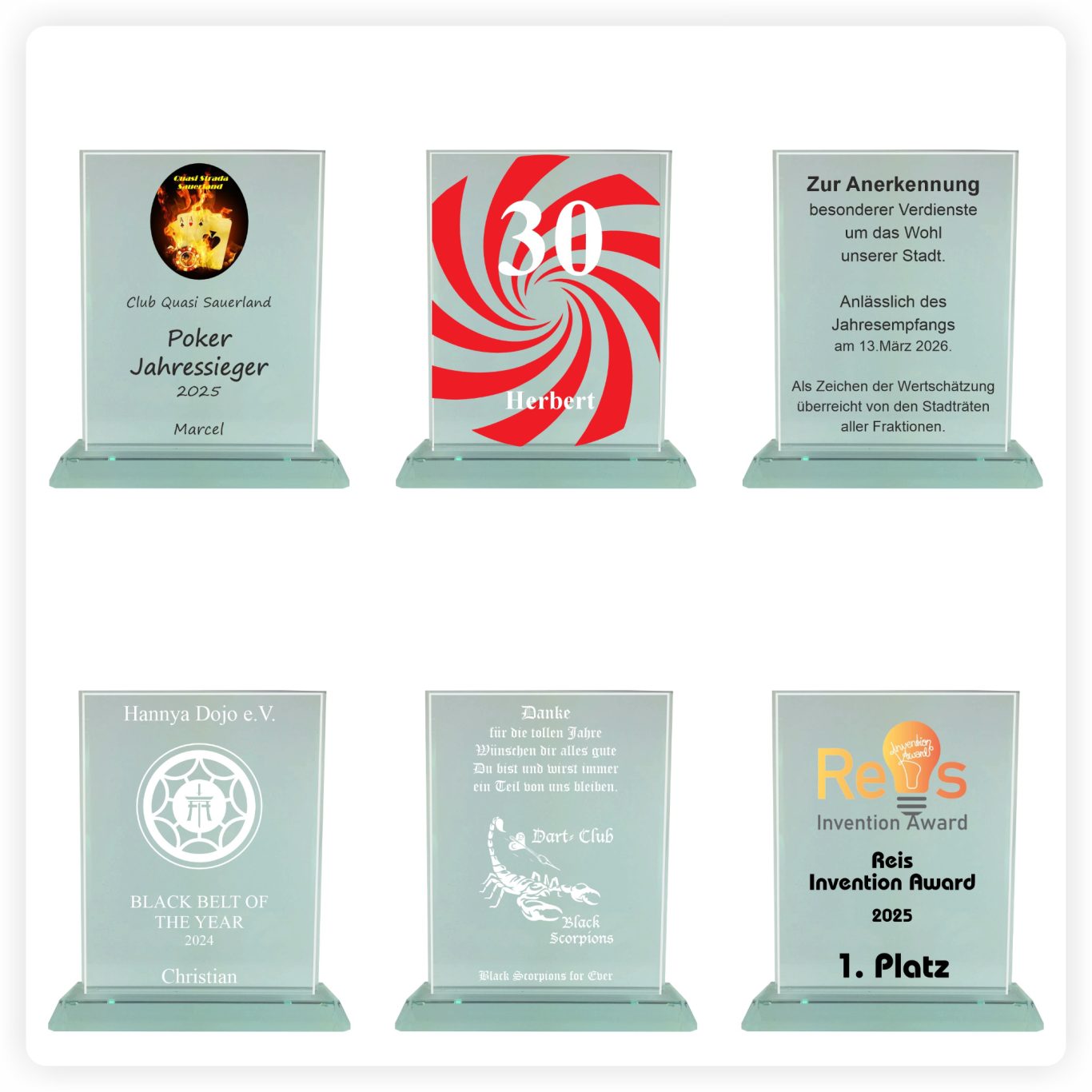 Glaspokale Größenübersicht Rechteckige Glaspokale mit individueller Gravur für Auszeichnungen und Ehrungen