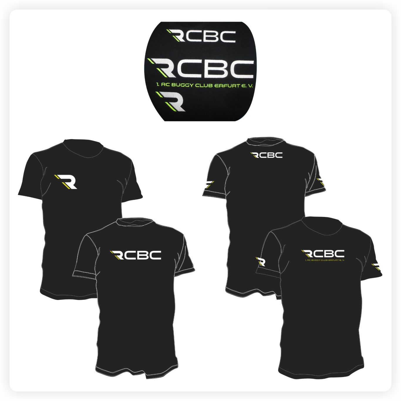 Vereinsshirts besticken Schwarze Vereins-T-Shirts mit hochwertiger Stickerei auf Brust, Rücken und Ärmeln für einen RC Buggy Club.