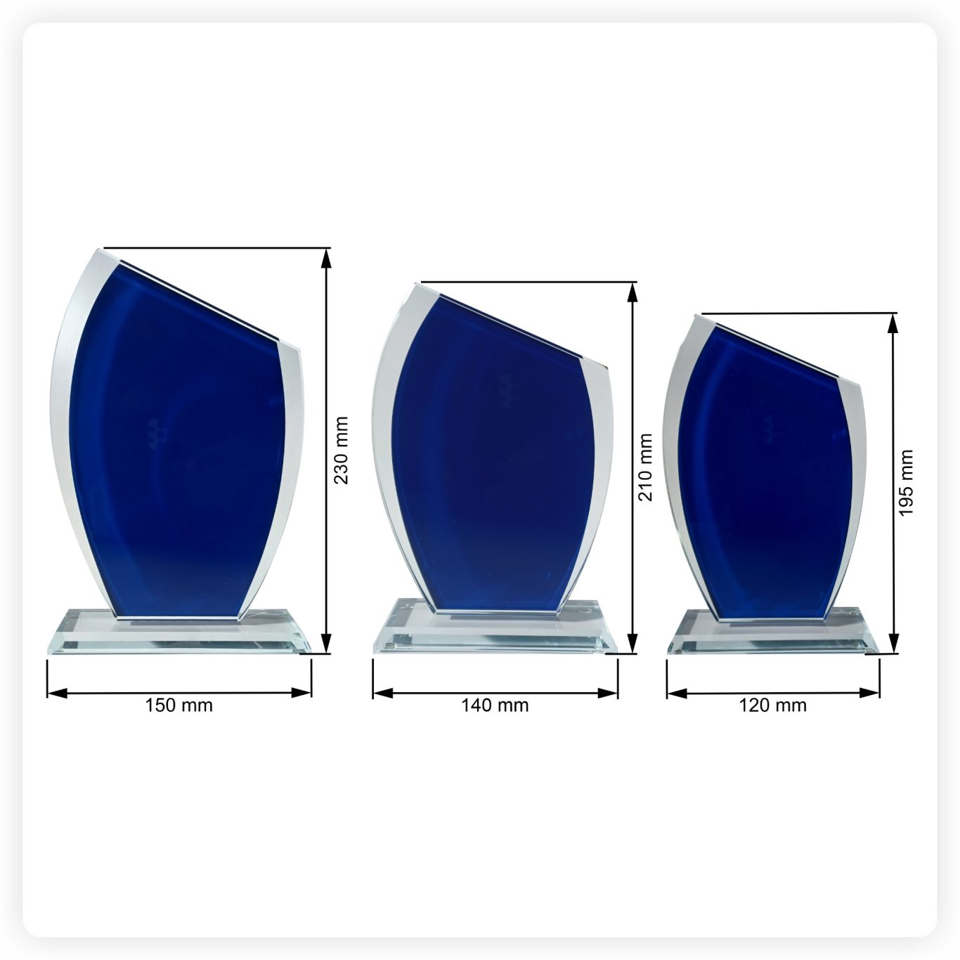 Glaspokale blau Maße Blaue Glaspokale in drei Größen mit Maßangaben und Sockelbreite