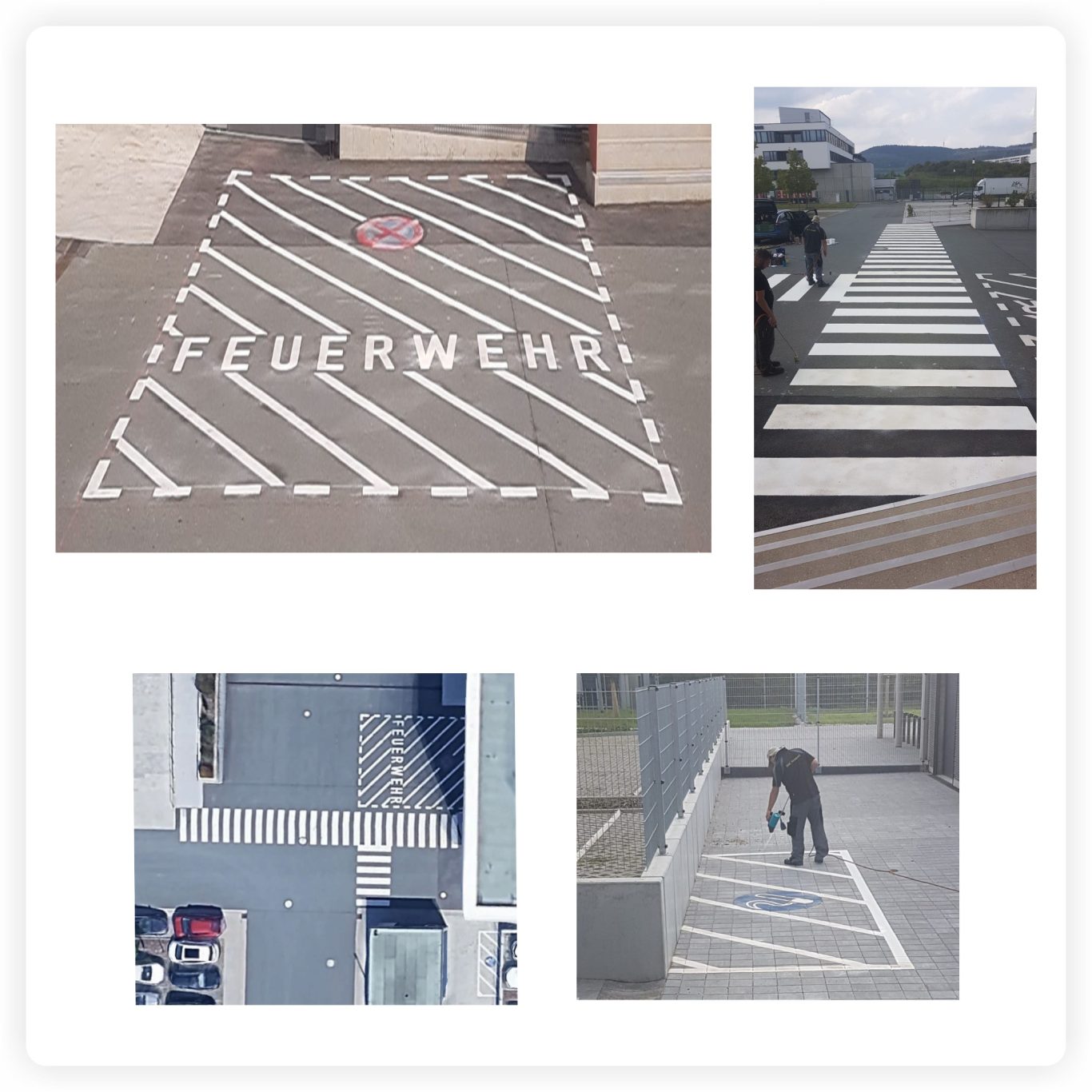 Feuerwehrfläche & Sicherheitsmarkierungen Markierte Feuerwehrfläche mit Sperrfläche, Zebrastreifen und gekennzeichnetem Raucherbereich