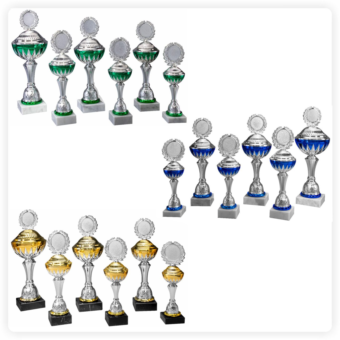Pokalserie klein Kleine Pokalserien in Silber und Gold mit farbigen Details in verschiedenen Größen