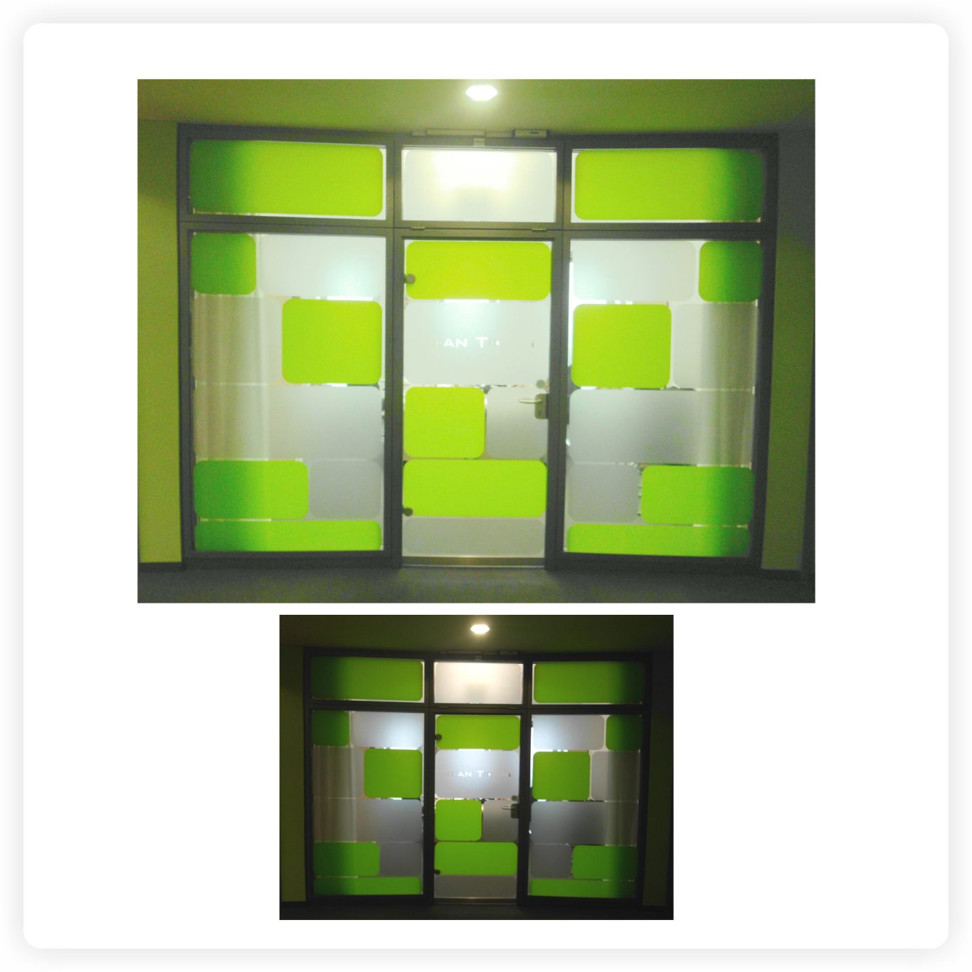 Glasdekorfolie mit grünen Akzenten Glasdekorfolie mit geometrischem Muster und grünen Farbakzenten auf einer Glasfront mit Eingangstür