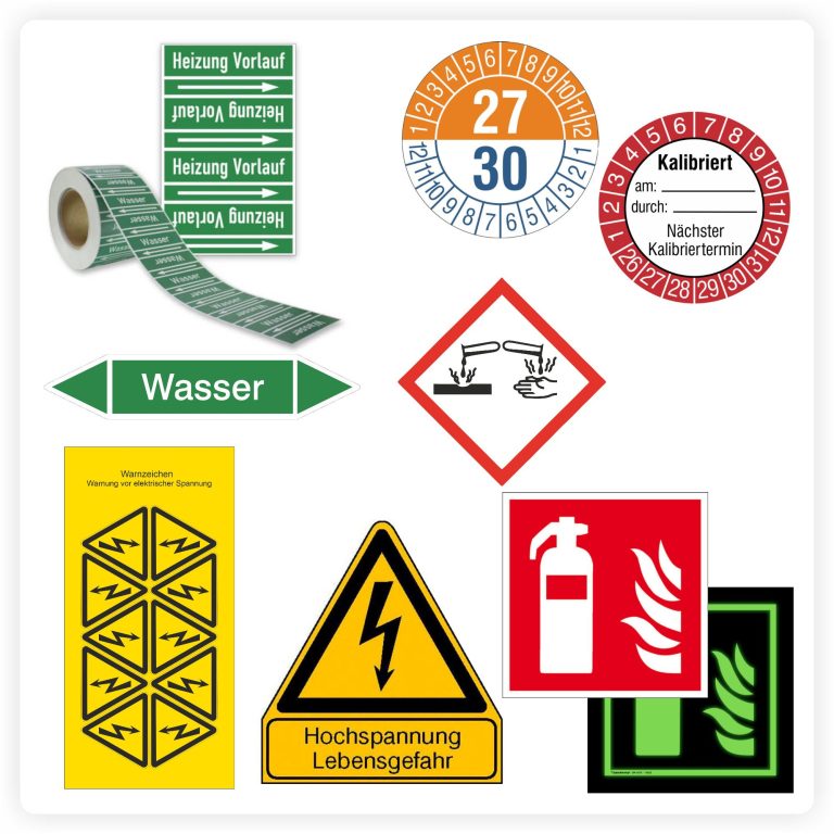 Rohrleitungskennzeichnungen, Prüfplaketten, Warnzeichen, Gefahrstoff-, Brandschutz- und Fluchtwegkennzeichnungen