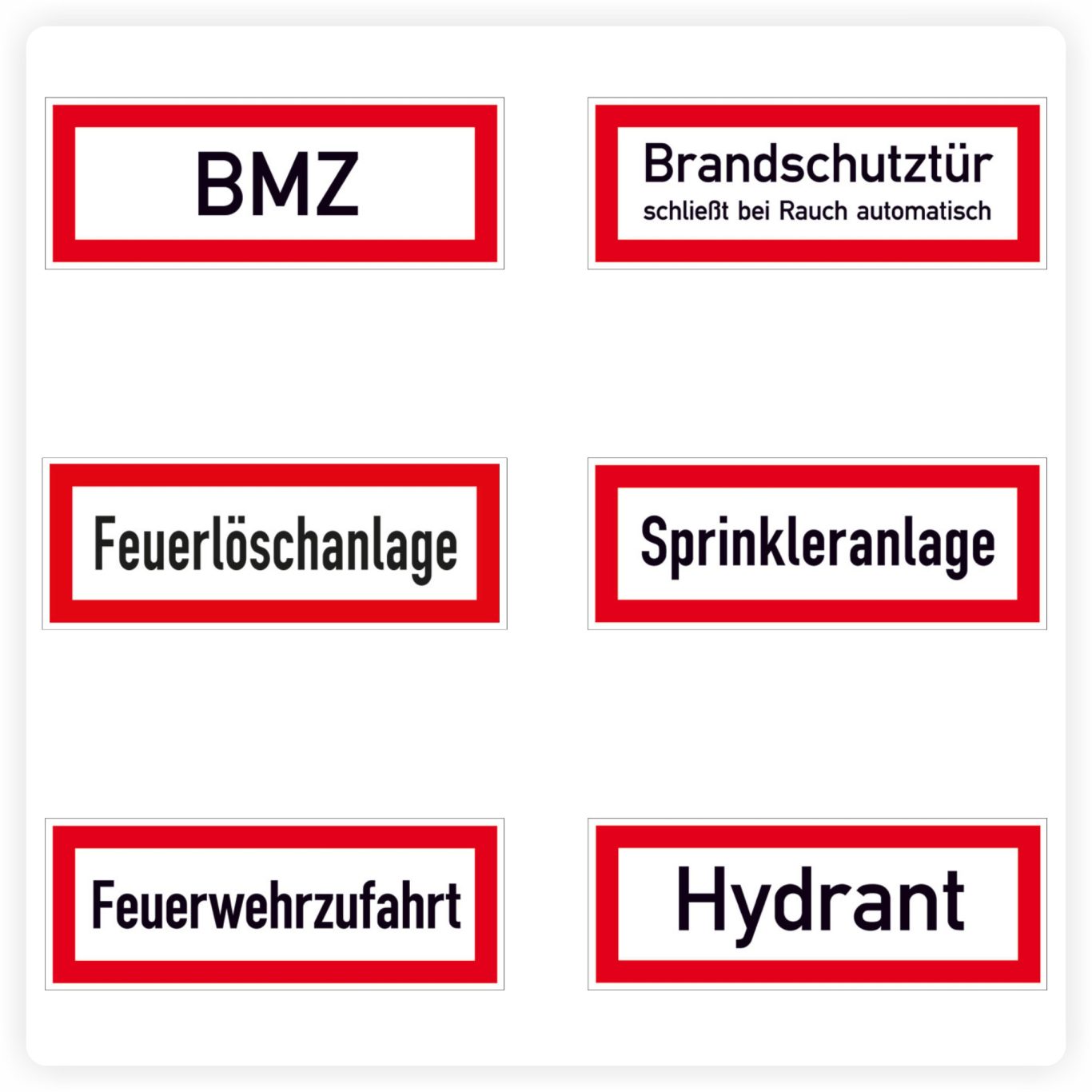 Feuerwehrkennzeichnung Schilder euerwehrkennzeichen wie BMZ, Hydrant und Feuerwehrzufahrt mit klarer Beschriftung