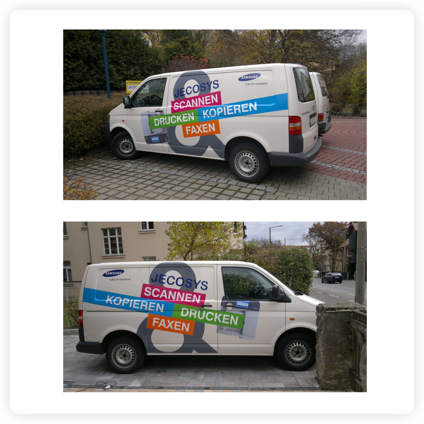 Transporter für Büro- und Drucktechnik Weißer Transporter mit farbiger Fahrzeugbeschriftung, Firmenlogo und großflächiger Werbung für Scannen, Kopieren, Drucken und Faxen.