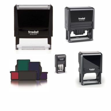 Mehrere selbstfärbende Stempelautomaten der Marke Trodat in verschiedenen Modellen und Größen, & austauschbare Stempelkissen