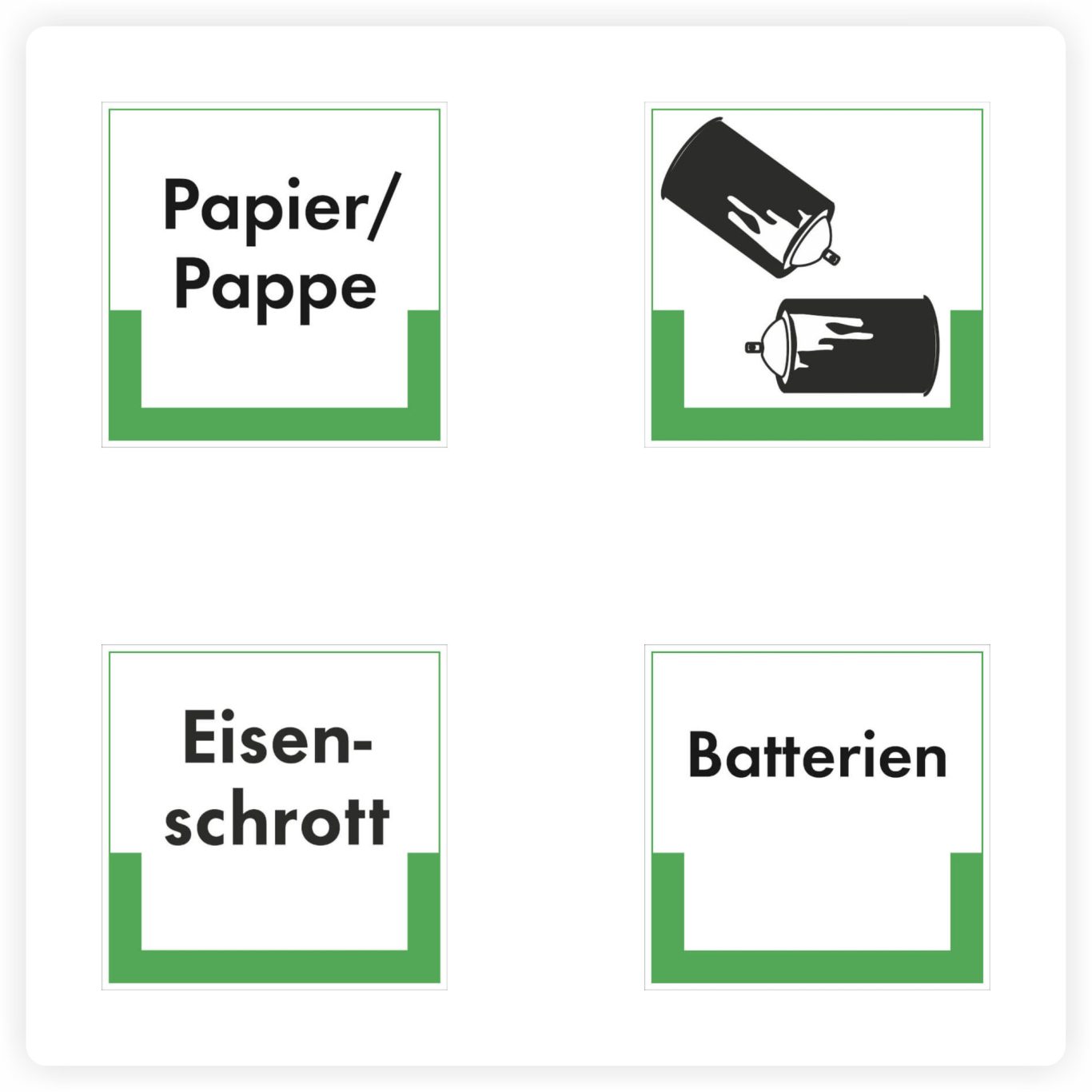 Entsorgungskennzeichnung Schilder Entsorgungskennzeichnungen für Papier, Metallschrott und Batterien mit klarer Beschriftung
