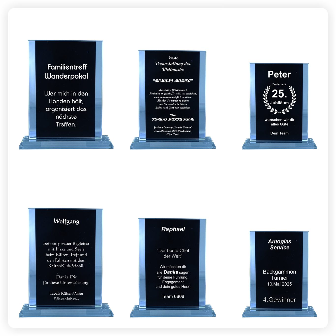 Glaspokale Beispiele Glaspokale mit schwarzem Hintergrund mit verschiedenen Textgravuren für Jubiläen und Ehrungen