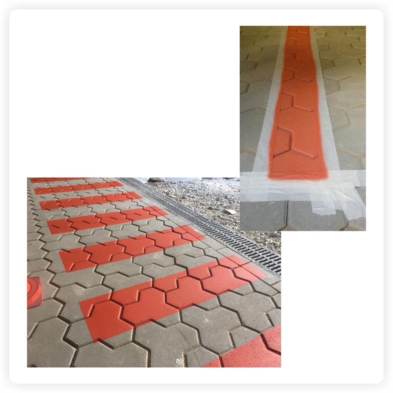 Farbige Airless-Bodenmarkierung Orange Airless-Bodenmarkierung auf Pflastersteinen zur Kennzeichnung einer Fläche