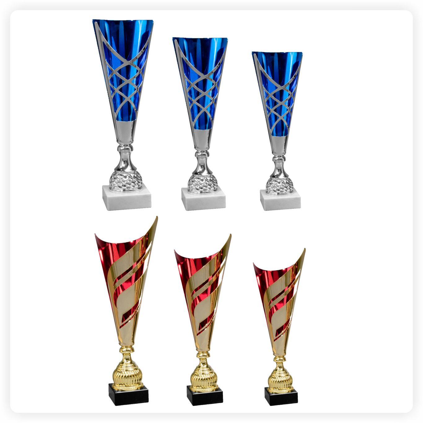 Moderner Designpokal Blaue und rote Designpokale in moderner geschwungener Form