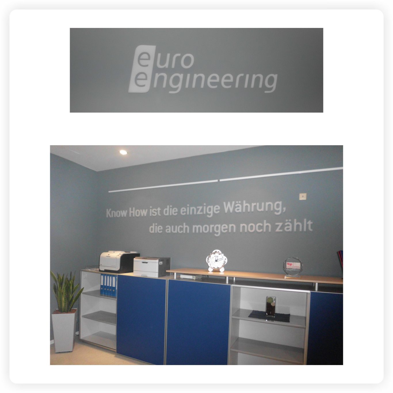 Wandbeschriftung im Innenbereich Individuelle Wandbeschriftung mit Firmenlogo und Schriftzug in einem Bürogebäude