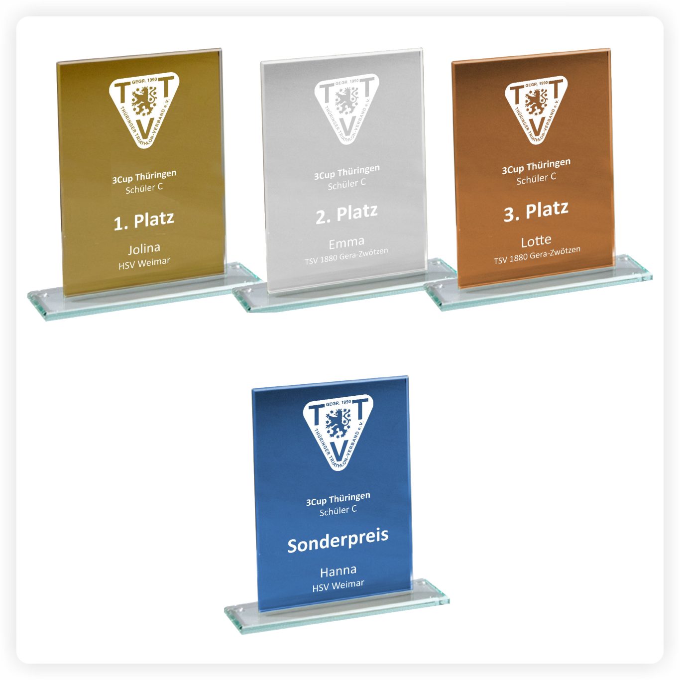 Glaspokal Gold Silber Bronze – Turnierauszeichnungen Glaspokale in Gold, Silber und Bronze mit Gravur für Turniere und Sportveranstaltungen