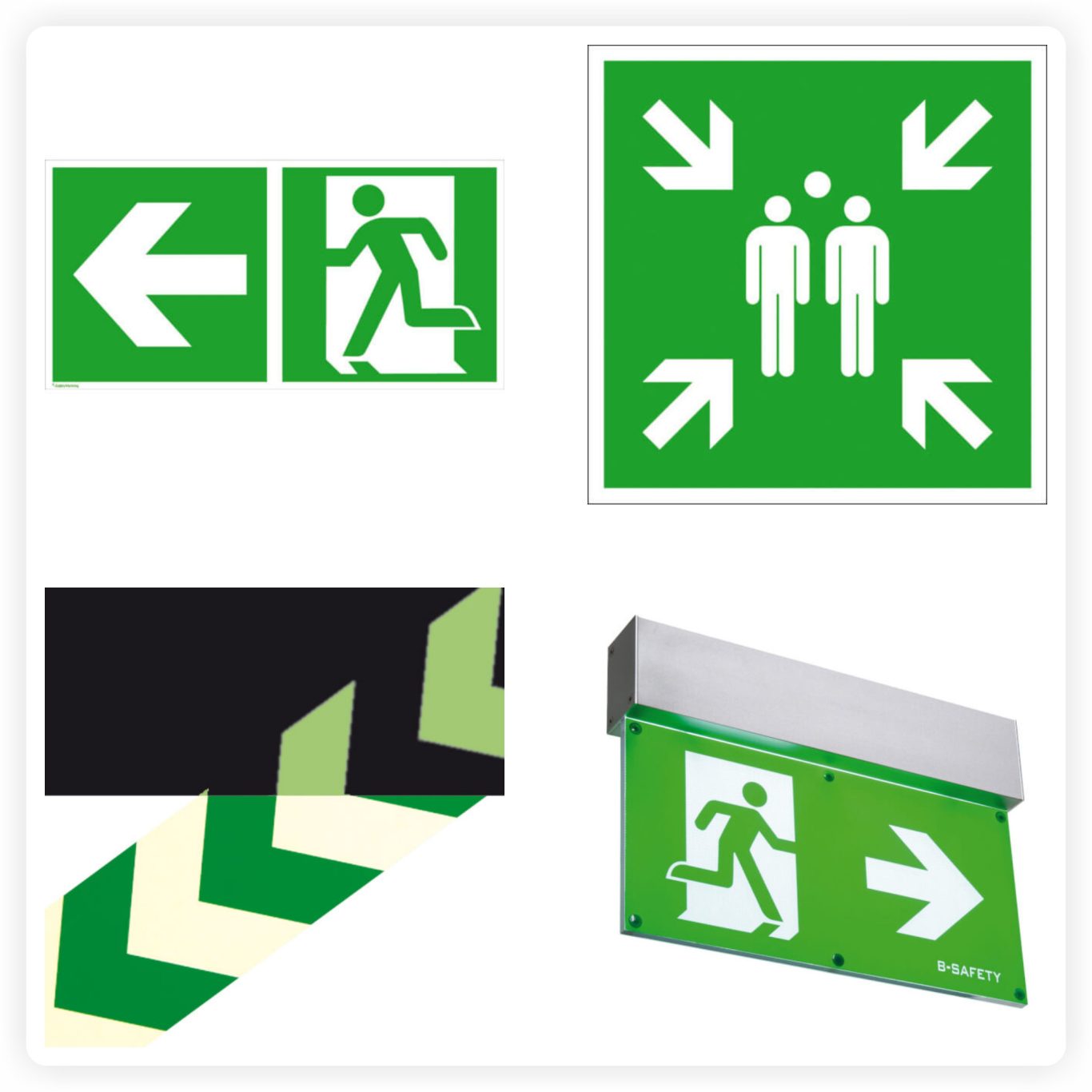 Fluchtwegkennzeichnung Schilder Fluchtwegkennzeichnung mit Richtungspfeilen, Notausgangssymbolen und Sammelstellen