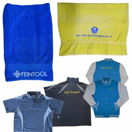 Bestickte Textilien für Feintool, SG Pädagogik Jena und JSSC Neugart mit Anstick.