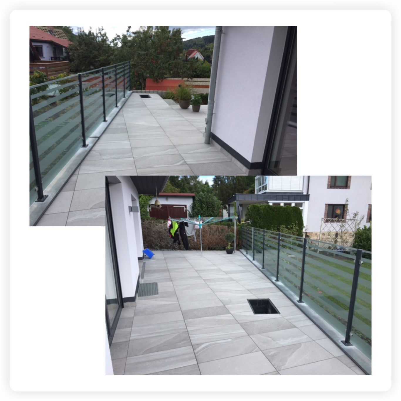 Glasdekorfolie am Balkongeländer Glasdekorfolie mit Streifenmuster als Sichtschutz auf den Glasscheiben eines Balkongeländers