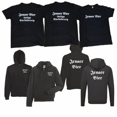 Kombibild aus T-Shirts und Hoodies mit Schriftzügen für Jenaer Bier, digital bedruckt.