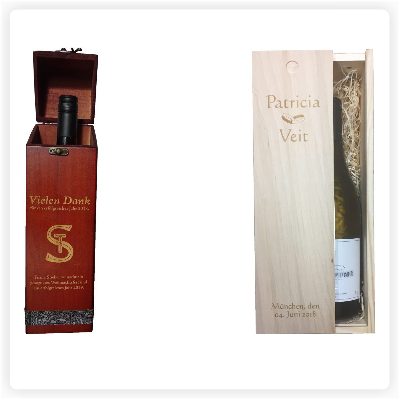 Weinkisten mit Gravur Zwei personalisierte Weinkisten aus Holz, eine dunkel graviert, eine hell mit Hochzeitsgravur