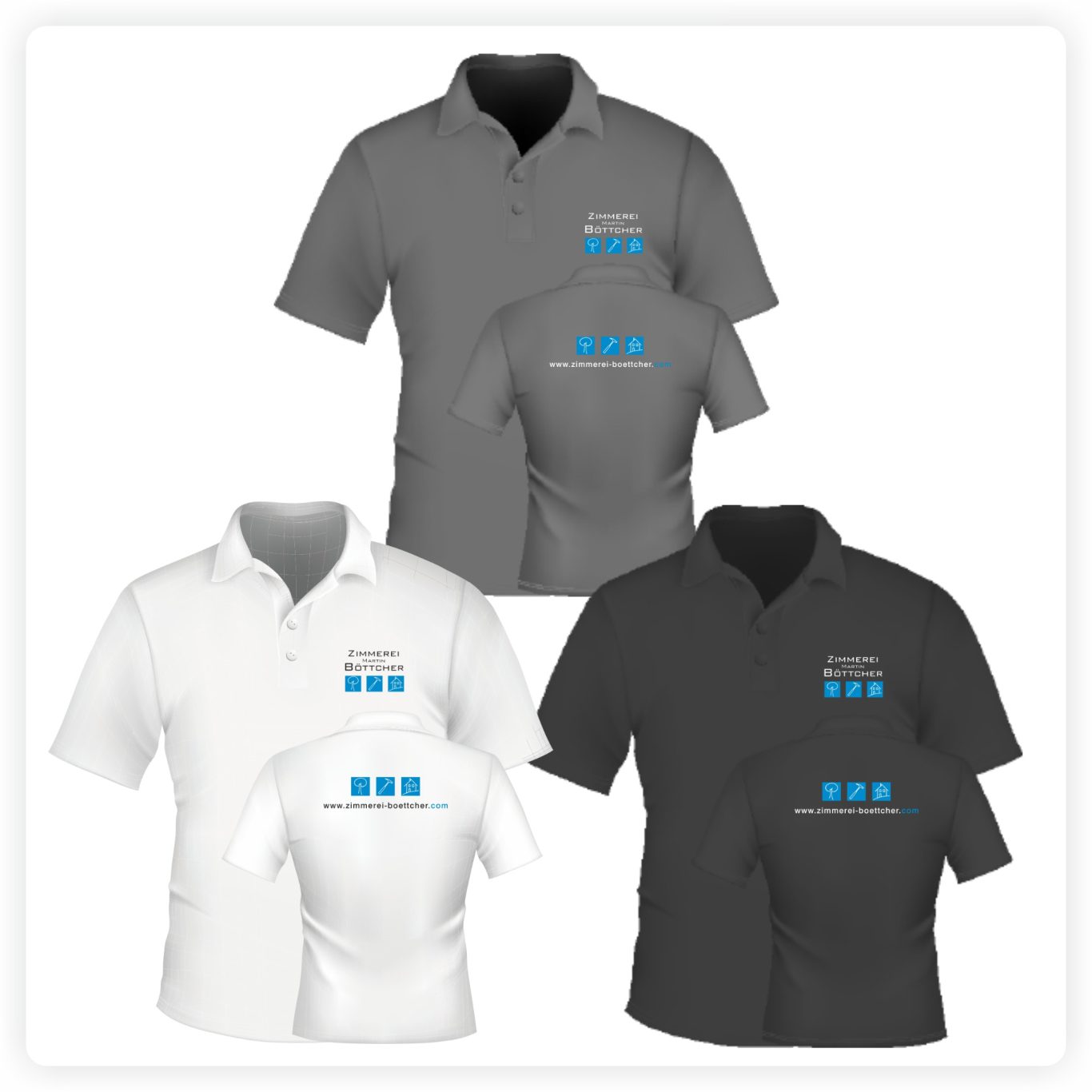 Poloshirts individuell bedruckt Poloshirts in Weiß, Grau und Schwarz mit Firmenlogo auf der Brust und Rückenbeschriftung.