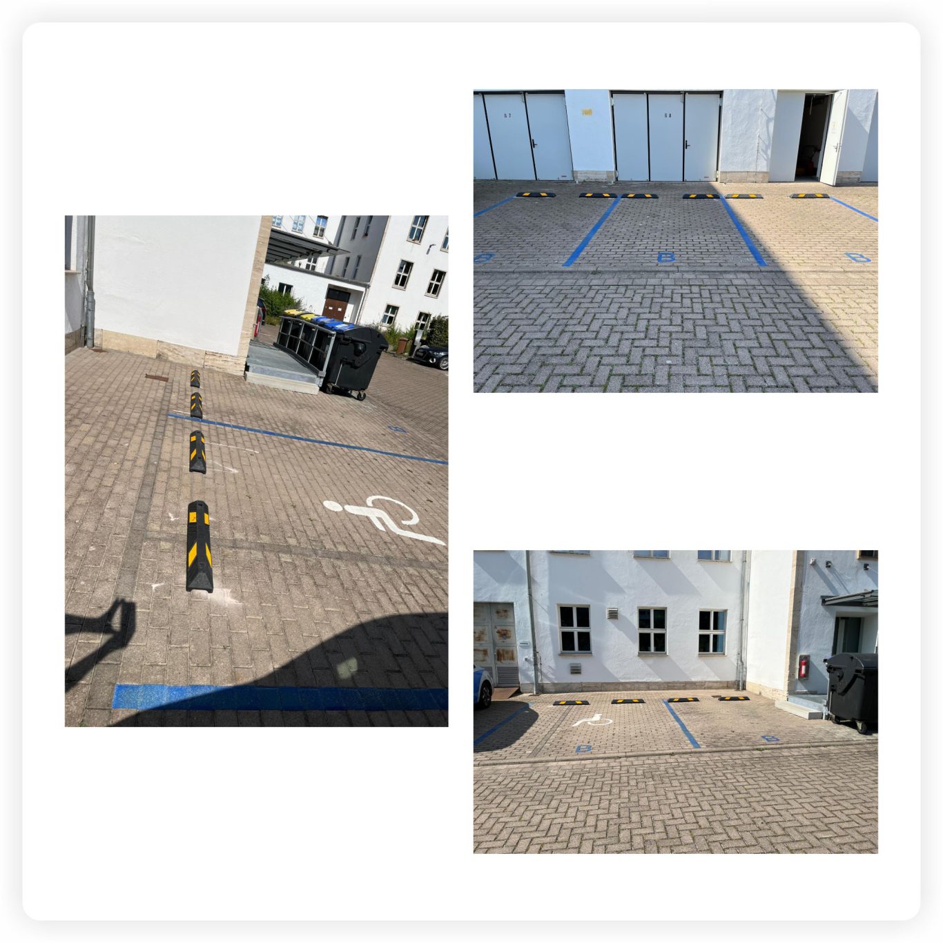 Individuelle Parkplatzmarkierung in Erfurt Blaue Parkplatzmarkierung mit Stellplatznummern und weißem Rollstuhlsymbol auf Pflaster in Erfurt
