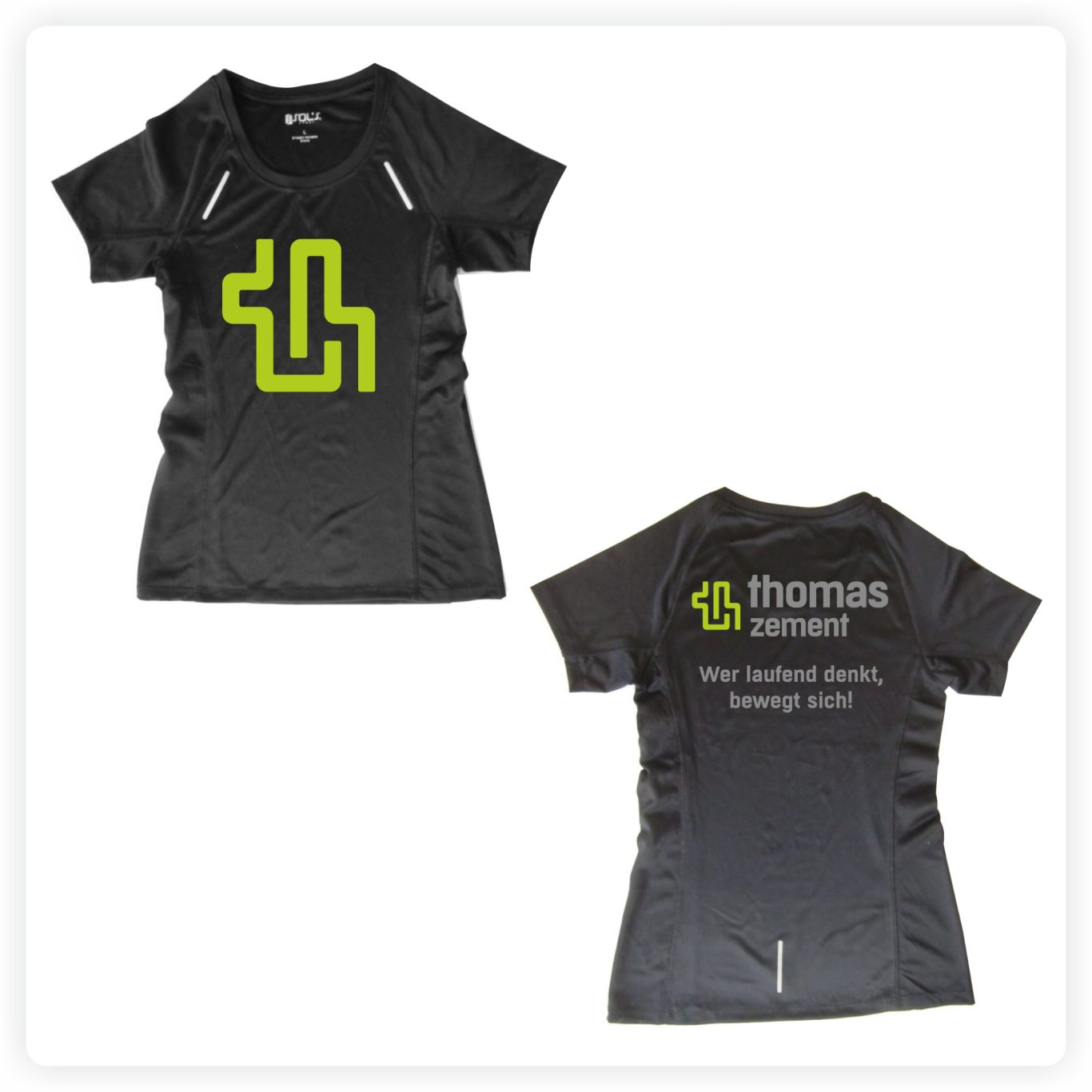 Sportbekleidung für Firmen Funktionsshirt mit Firmenlogo auf der Vorderseite und Werbeaufdruck auf der Rückseite.
