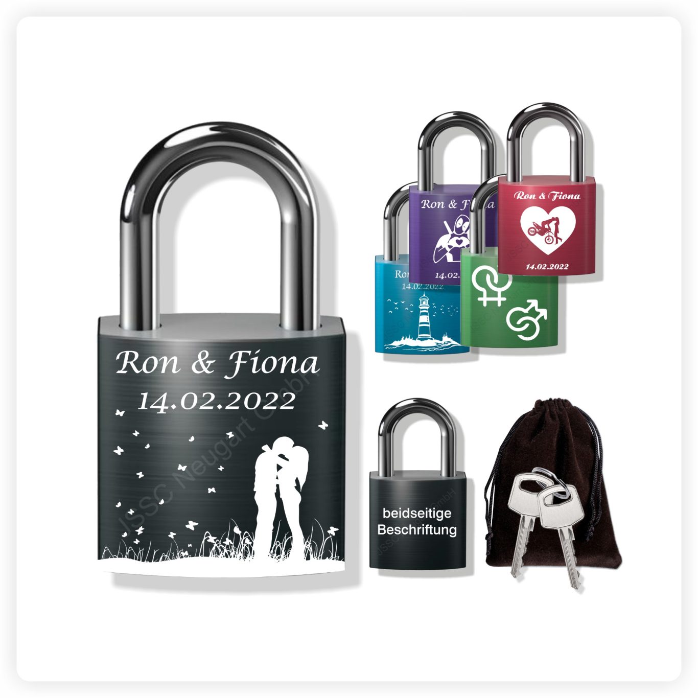 Liebesschloss schwarz Schwarzes Liebesschloss mit kontrastreicher weißer Lasergravur