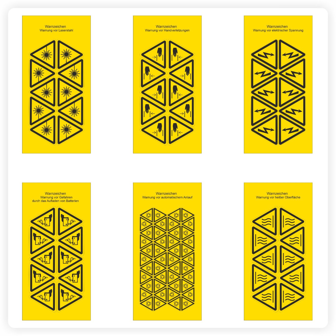 Warnkennzeichen Symbole Warnkennzeichen für Gefahren wie Spannung, Hitze und mechanische Risiken