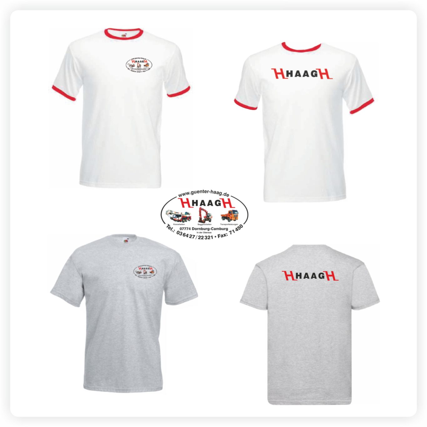 Firmenkleidung für Mitarbeiter T-Shirts in verschiedenen Farben mit Firmenlogo auf Brust und Rücken für ein Unternehmen.
