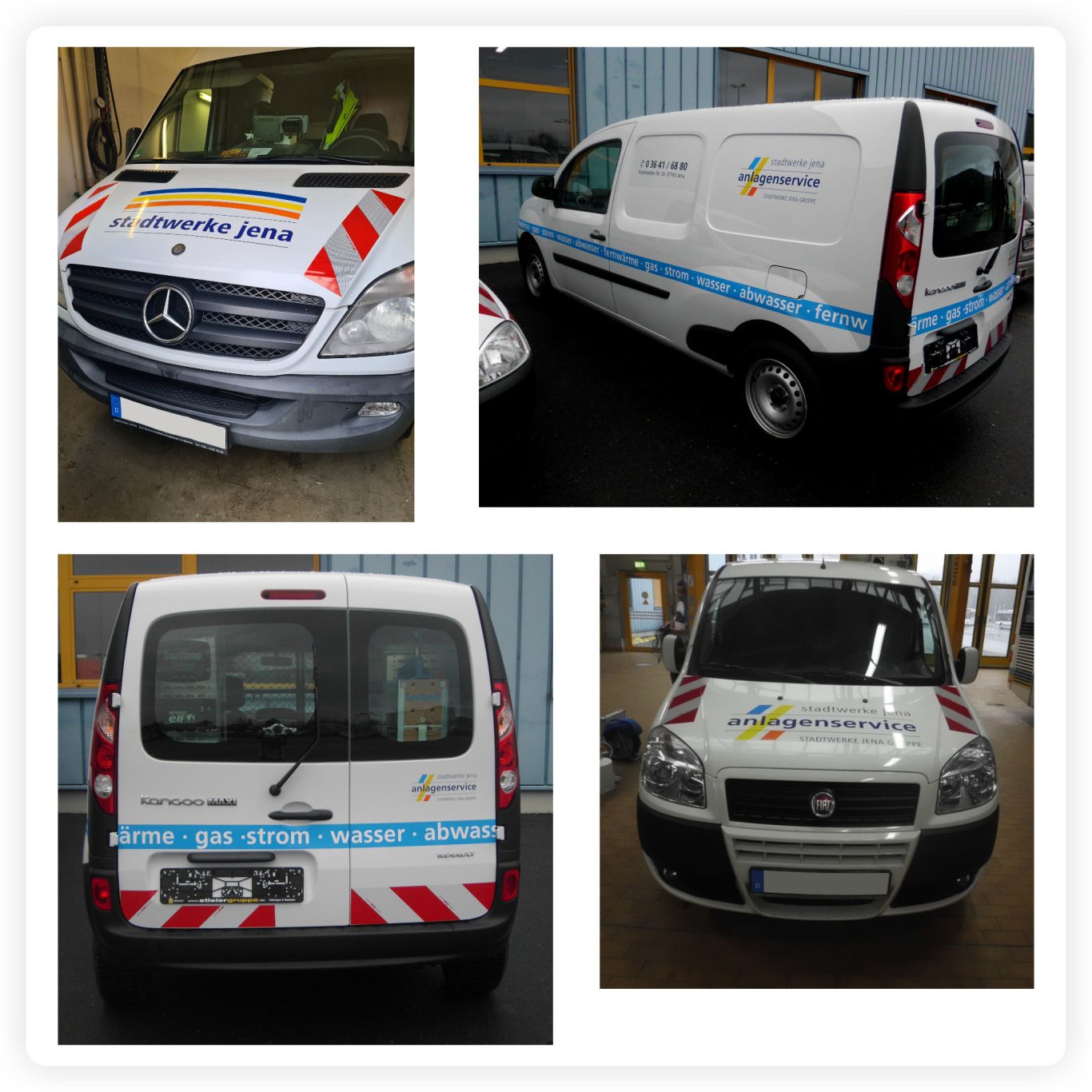 Transporter für Stadtwerke Jena Verschiedene Servicefahrzeuge der Stadtwerke Jena mit Firmenbeschriftung, farbigen Gestaltungselementen und rot-weißer Warnmarkierung.