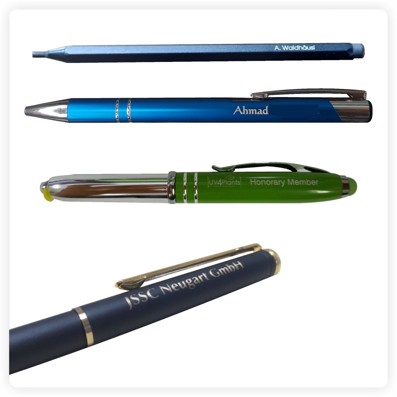 Metallkugelschreiber mit Gravur Mehrere Metallkugelschreiber in Blau und Grün mit glänzenden Chromdetails und individueller Lasergravur