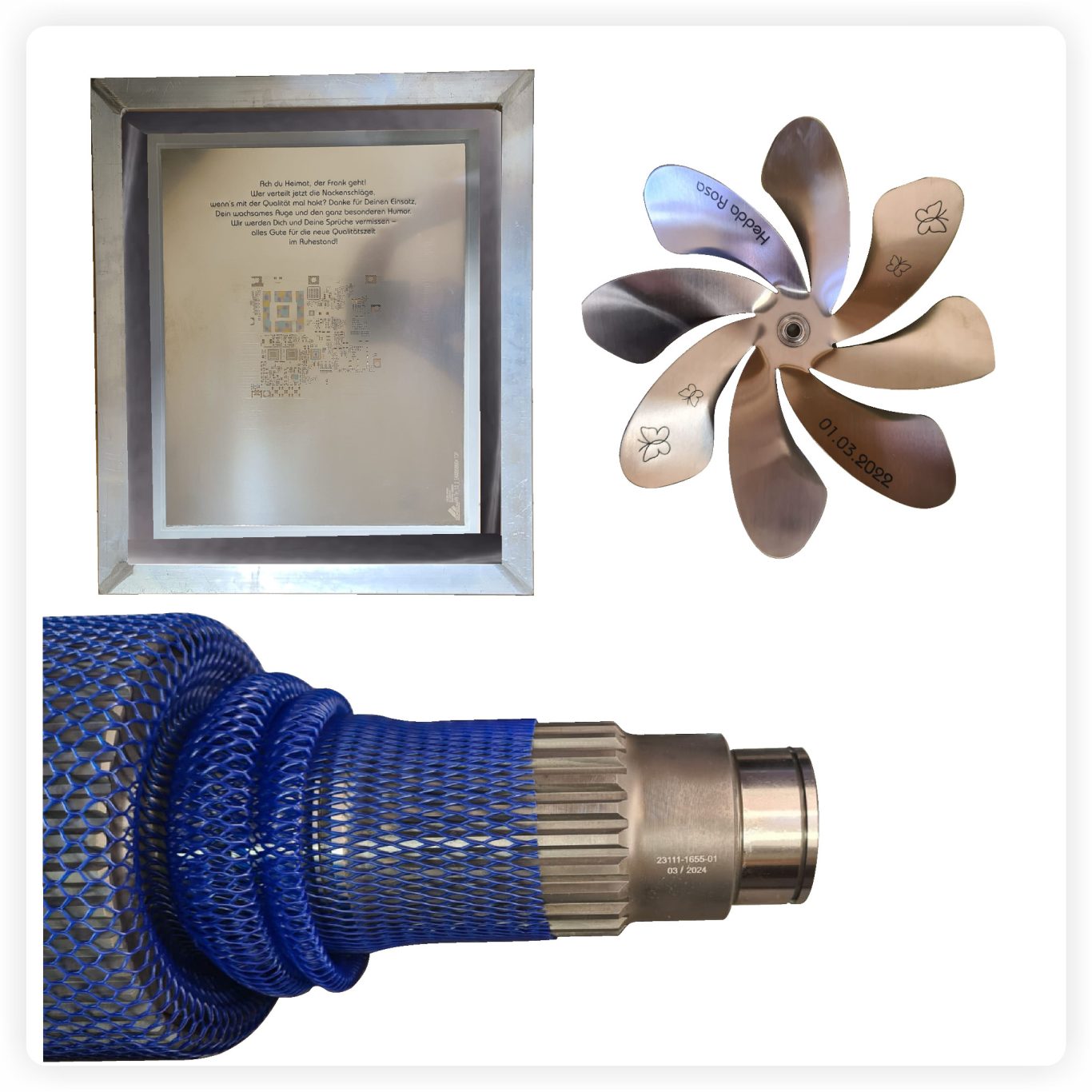 Gravur Maschinenteile Lasergravur auf Maschinenteilen und Metallplatte – präzise Kennzeichnung von Industriebauteilen und technischen Komponenten