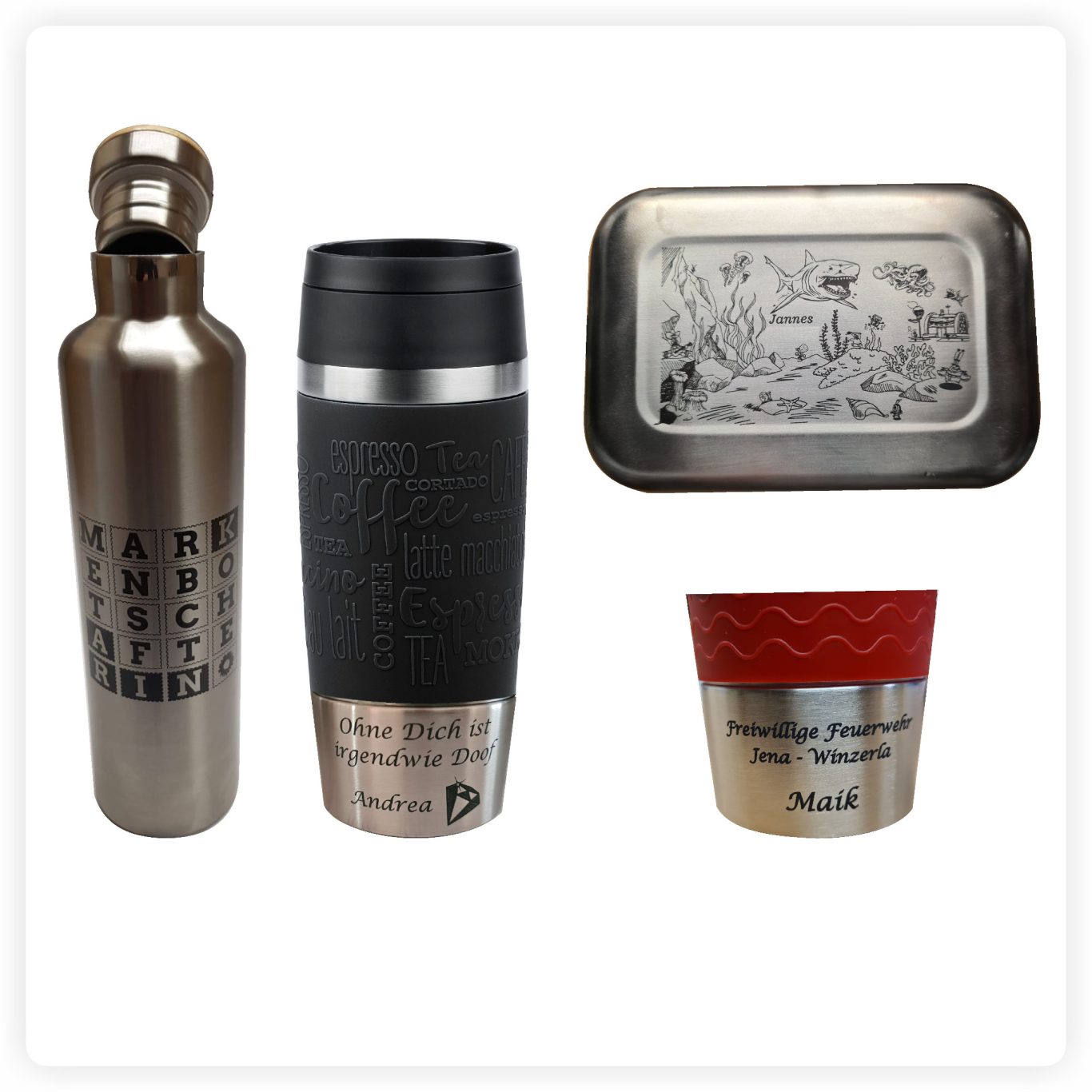 Edelstahl-Geschenkartikel mit Gravur Gravierte Edelstahl Brotdose, Thermosflasche und Becher mit individueller Lasergravur