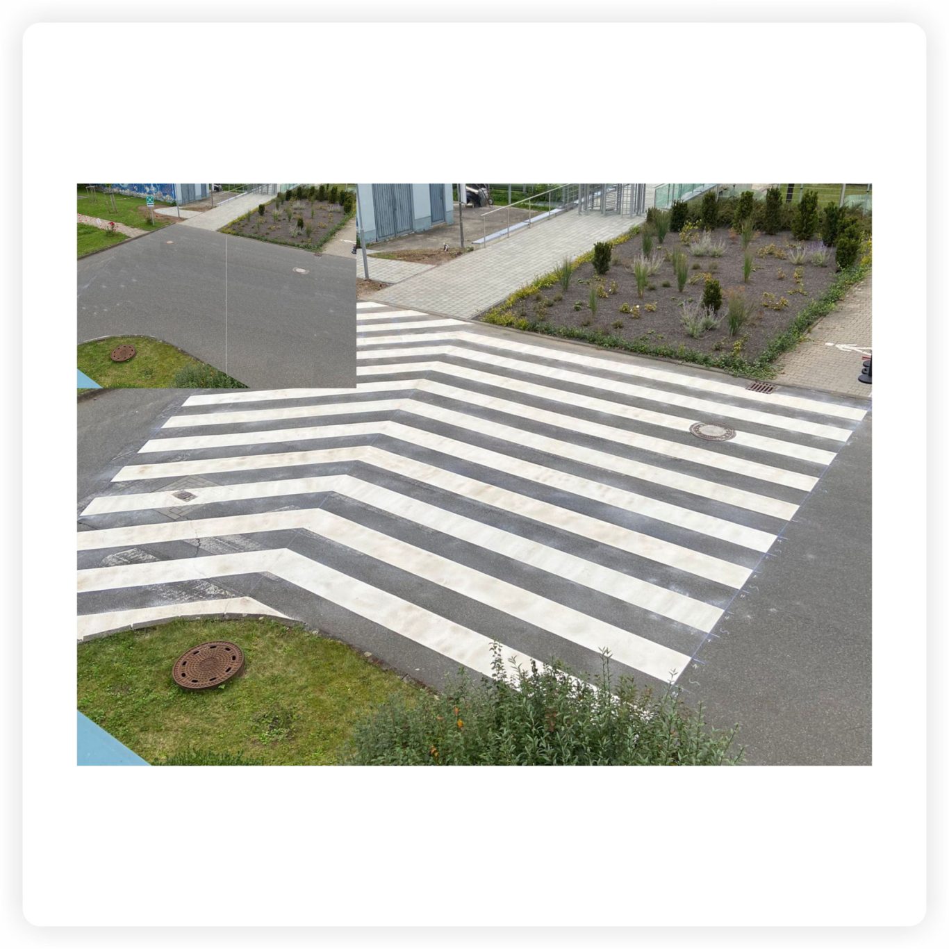 Großflächige Fußgängermarkierung Großflächige weiße Streifenmarkierung zur Führung von Fußgängern auf einer betrieblichen Verkehrsfläche