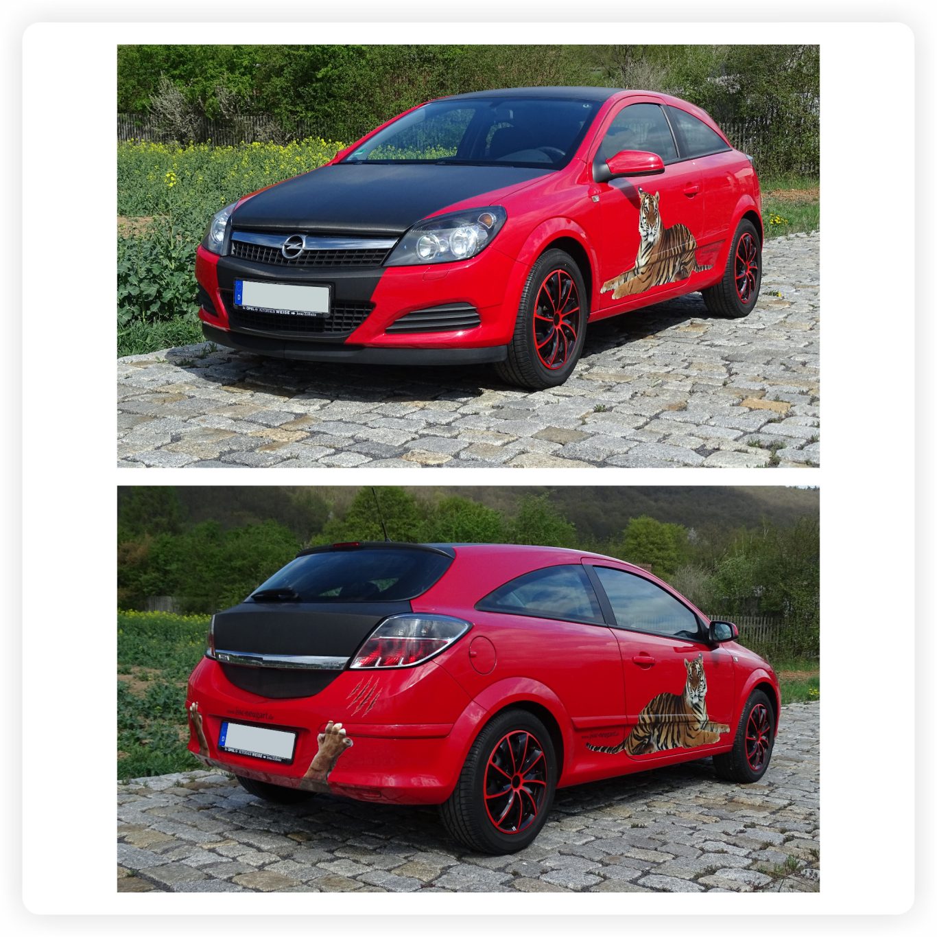 PKW-Beschriftung mit Tigermotiv Roter PKW mit großformatigem Tigermotiv auf den Fahrzeugseiten sowie ergänzenden Motiven am Fahrzeugheck.