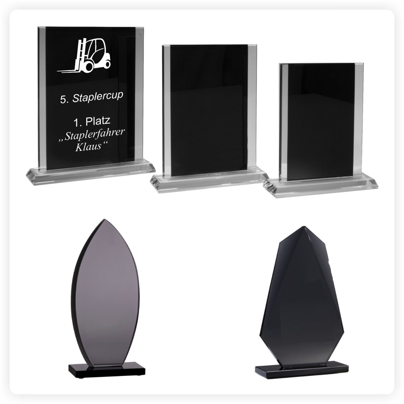 Glas Award mit Gravur für Firmen und Ehrungen Glas Award aus schwarzem Glas mit Gravur für Firmenauszeichnungen und Events