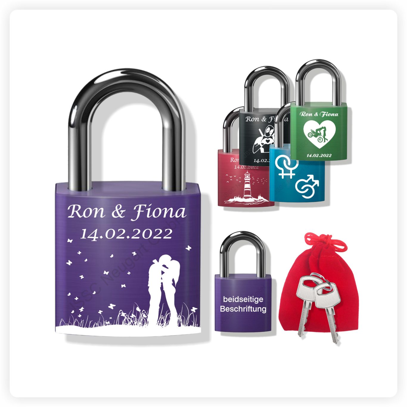 Liebesschloss violett Violettes Liebesschloss mit weißer Lasergravur und individuellem Motiv