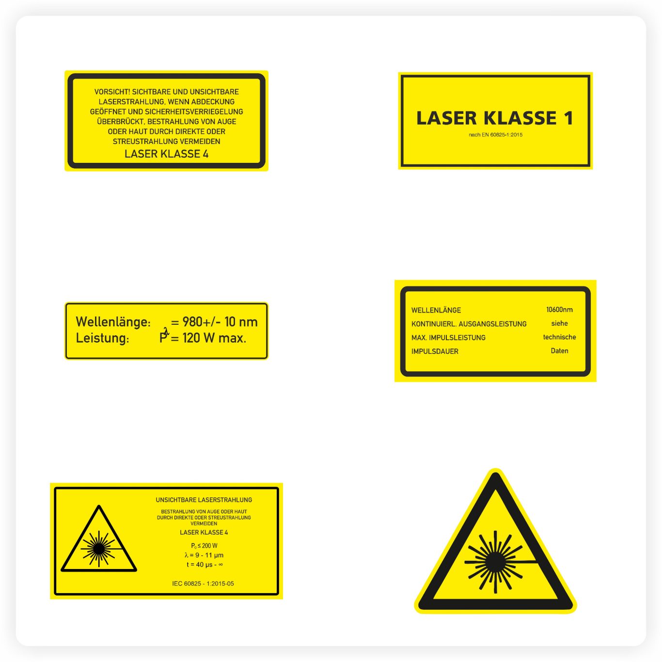 Laserwarnschilder Warnschilder für Laserstrahlung mit Symbolen und technischen Angaben