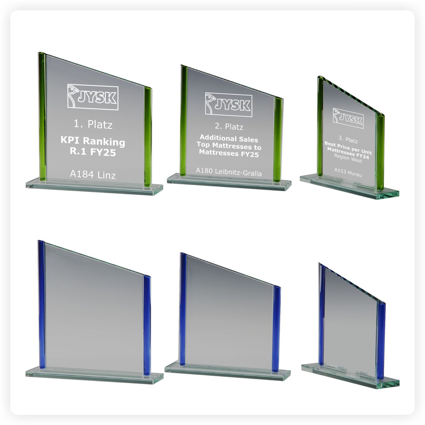 Glas Award mit farbiger Kante – moderner Business Award Moderne Glastrophäe mit farbigen Glaskanten in Grün und Blau und individueller Gravur