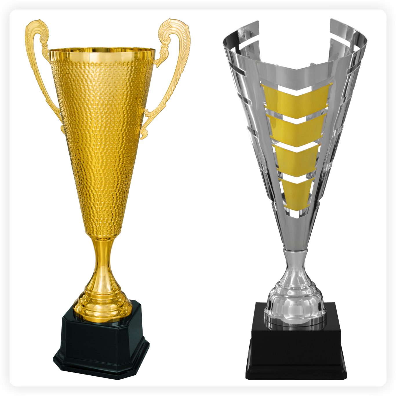 Großpokale Metall Großer klassischer Henkelpokal und moderner Metallpokal in Silber mit goldenen Elementen