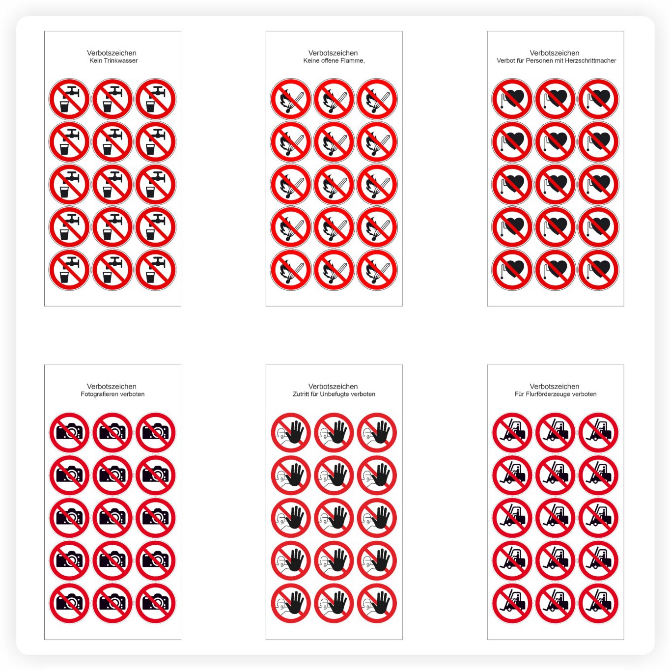 Verbotskennzeichen Schilder Verbotskennzeichen für Zutritt, Feuer und Fotografieren mit klaren Symbolen