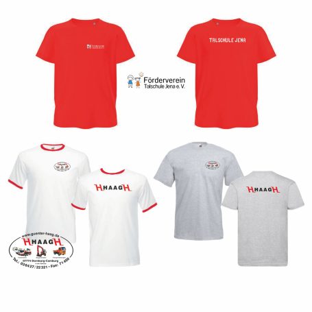 Kombibild aus Schul-T-Shirts für die Talschule Jena und Firmen-T-Shirts für Günter Haag im Digitaldruck.